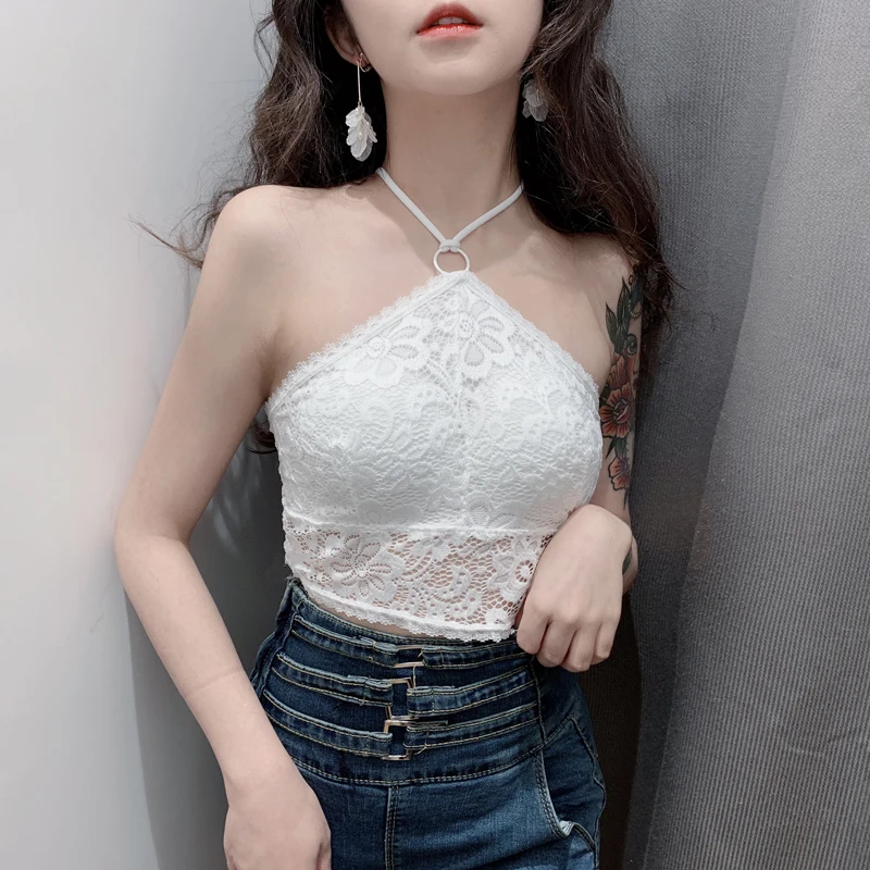 2020 Белый Черный Кружевной укороченный топ Camisole Cami женский летний с открытой