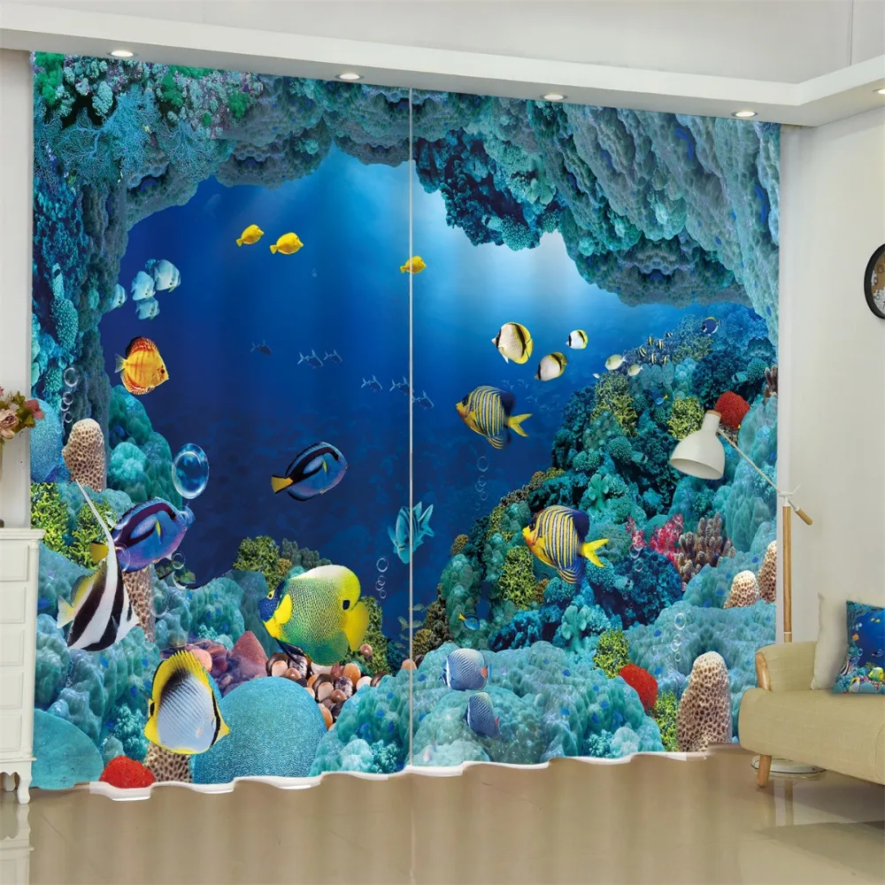 

3d Dolphin Turtle Sea Fish Print Backdrop Fabric Curtains Blackout Living Room Bedroom Window French Door Ocean Home Decor