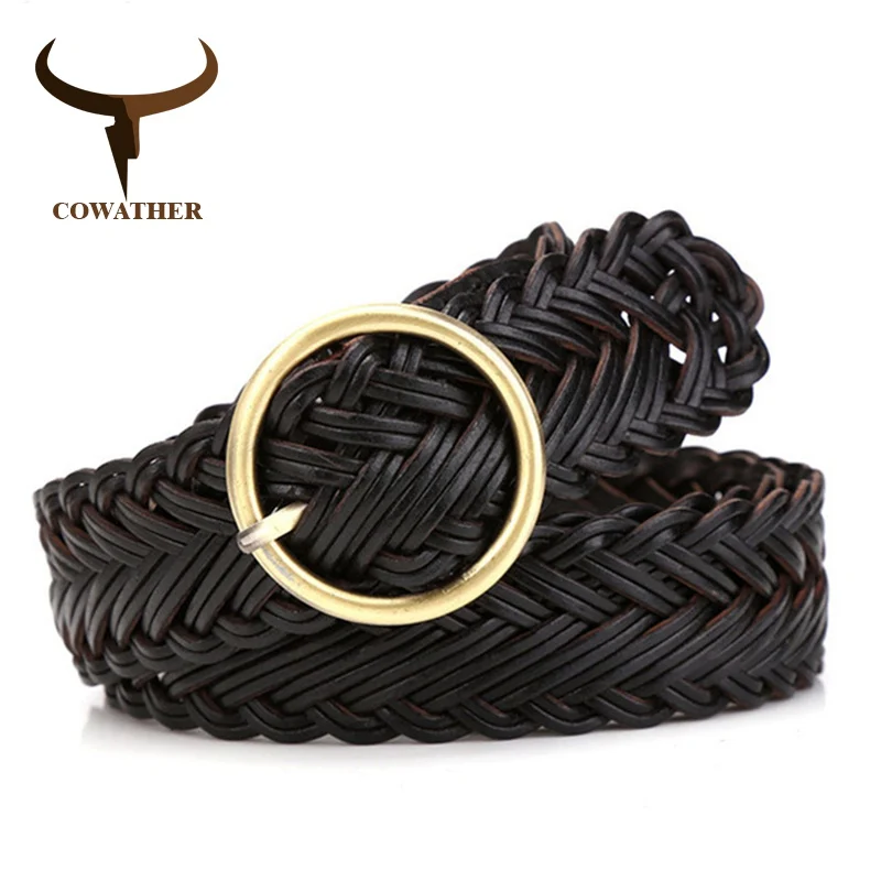 

COWATHER High quality women belt knitted leather belts for women good pin buckle female strap newest desgin original brand NS010