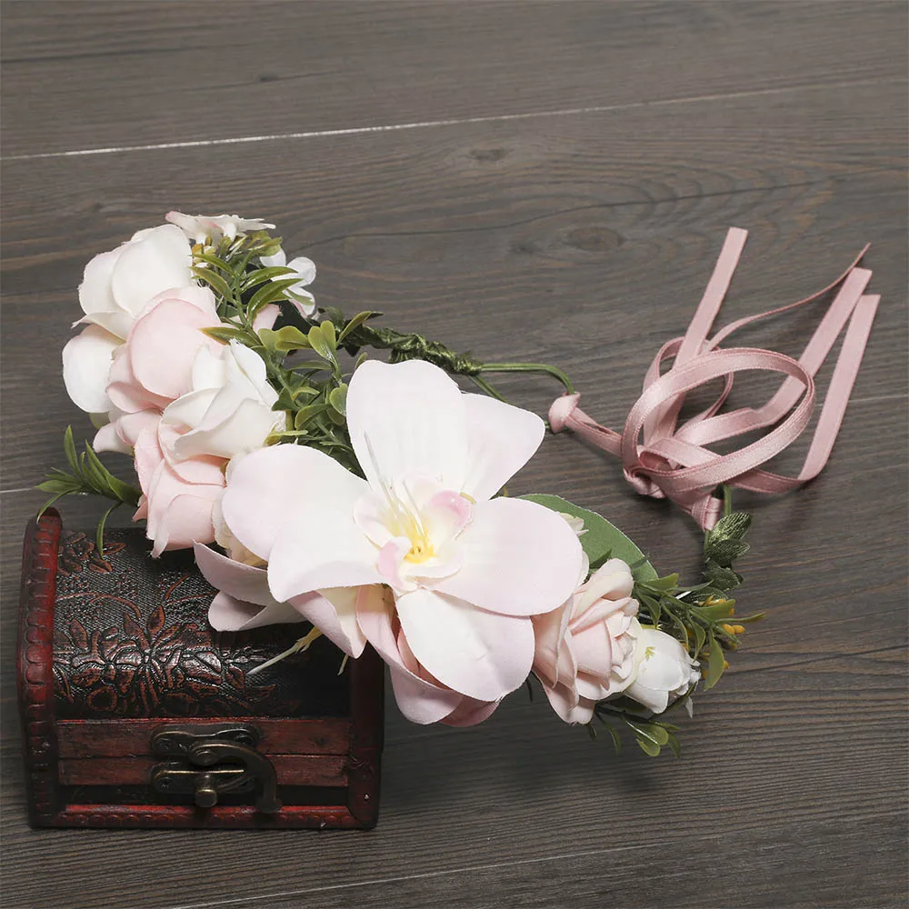 MOLANS Adjustable Flower Crown Ribbon Women Wedding Accessories Handmade Headpiece Lady's Hair Garland For Art Photography - Цвет: Розовый