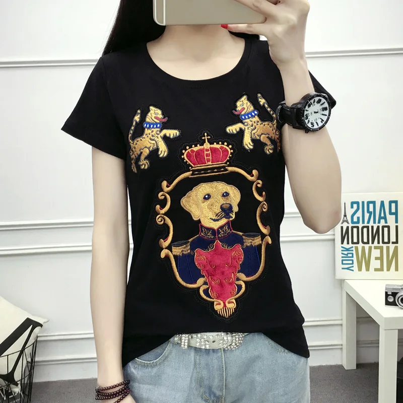 Весенне-летние черно-белые футболки с мультяшной вышивкой Женский Повседневный
