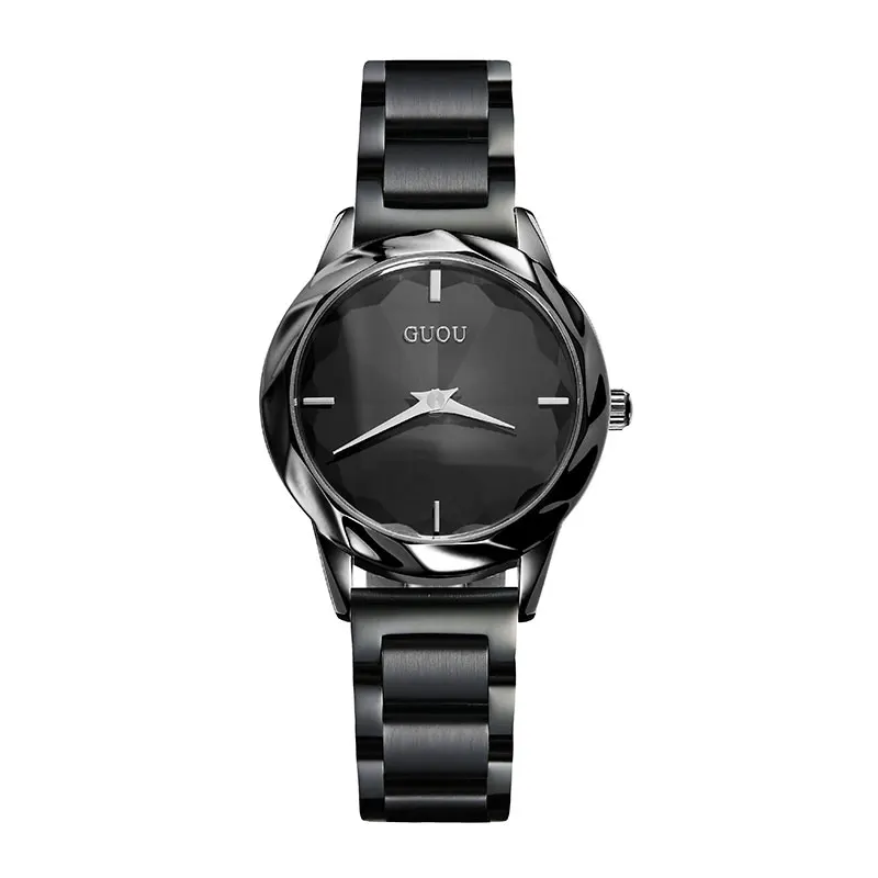 Модные Роскошные Часы GUOU Reloj Mujer розовые и цвета фиолетовый$ черные женские кварцевые часы из нержавеющей стали - Цвет: Черный