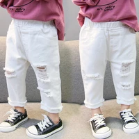 2021 spring autumn baby girls ripped jeans children kids broken hole pants white color girls elastic waist denim pants