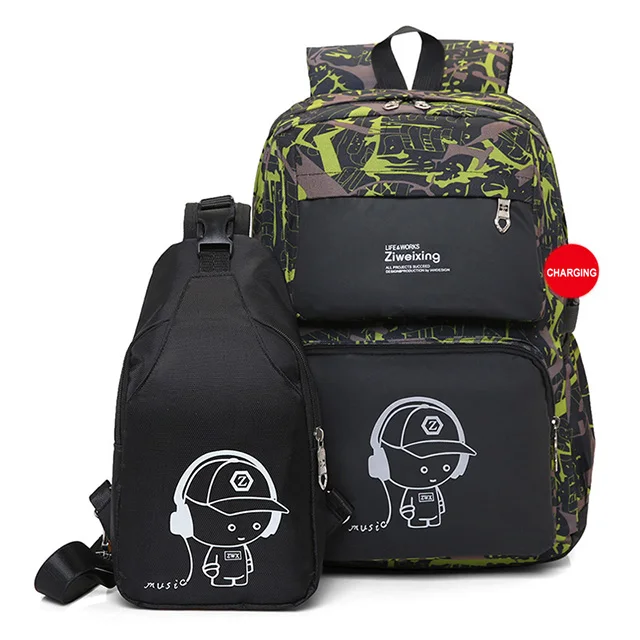 2pc green Школьные сумки большой емкости унисекс рюкзак для мальчиков и девочек водонепроницаемый Детский Школьный Рюкзак Студенческая Повседневная дорожная сумка рюкзак - Цвет: 2pc green