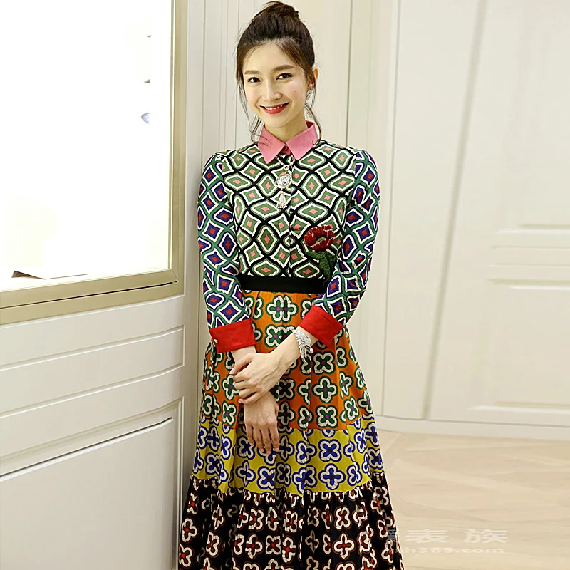 

High Quality Designer Milan Runway Spring Women's Office Party Beach Casual Fashion Vintage Printed Long Sleeves Dress