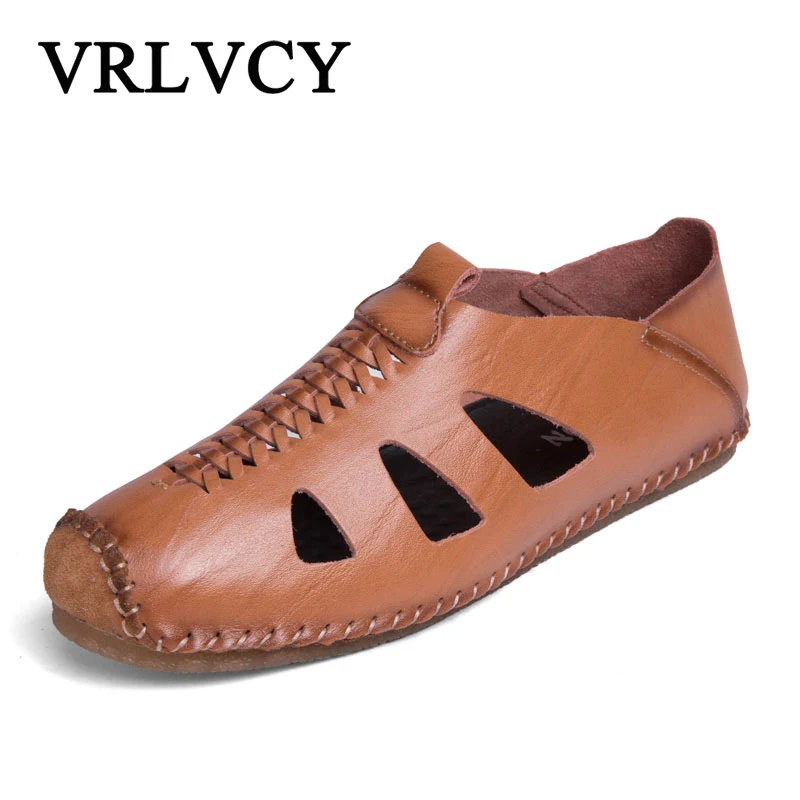 Дышащие летние мужские туфли с вырезами сандалии из натуральной кожи пляжная