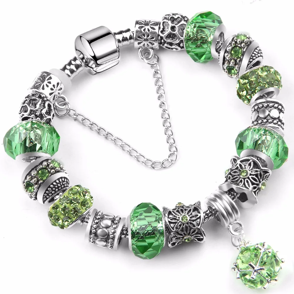 

2020 Silver plated Charm Bracelets & Bangles Crystal Beads Charms Bracelets for Women day gift party jewelry