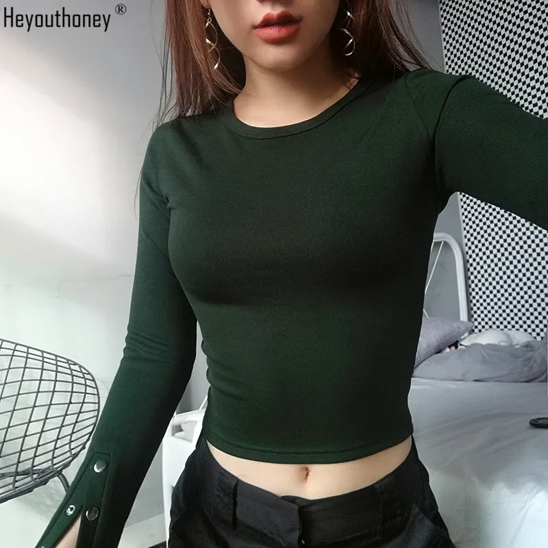 Heyouthoney 2018 spring fashion solid irregular single breasted full sleeve o-neck tshirt crop t-shirt tee top camiseta feminina |
