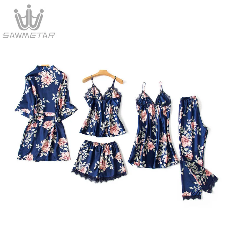 Women 5 Pieces Sexy Satin Sleepwear Silk Pajamas Sets Lace Woman Robe Floral Sleeveless Spaghetti Strap Pyjama With Chest Pads