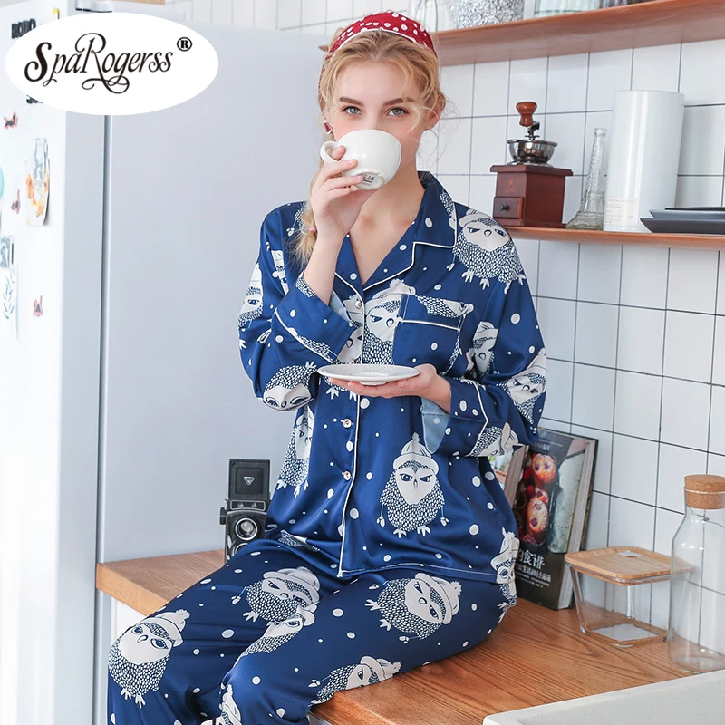 2019 Новый ночное Для женщин пижамный комплект из искусственного шелка осень