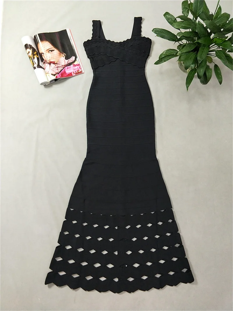 Black Новая мода макси Русалка сексуальное обвязанное платье Спагетти ремень без рукавов выдалбливают Vestidos знаменитости вечернее платье - Цвет: Black