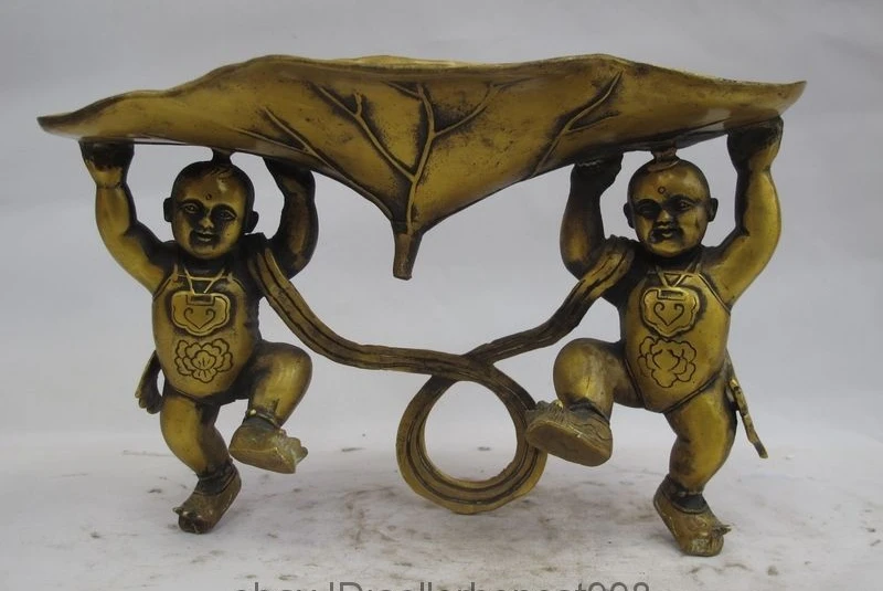 

10"China Folk Fengshui Bronze Copper Auspicious Two Fu Child Lotus Leaf Statue