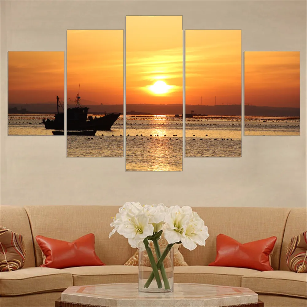Картина на холсте с изображением заката лодки 5 панелей|art pictures|wall art pictureprinted canvas |