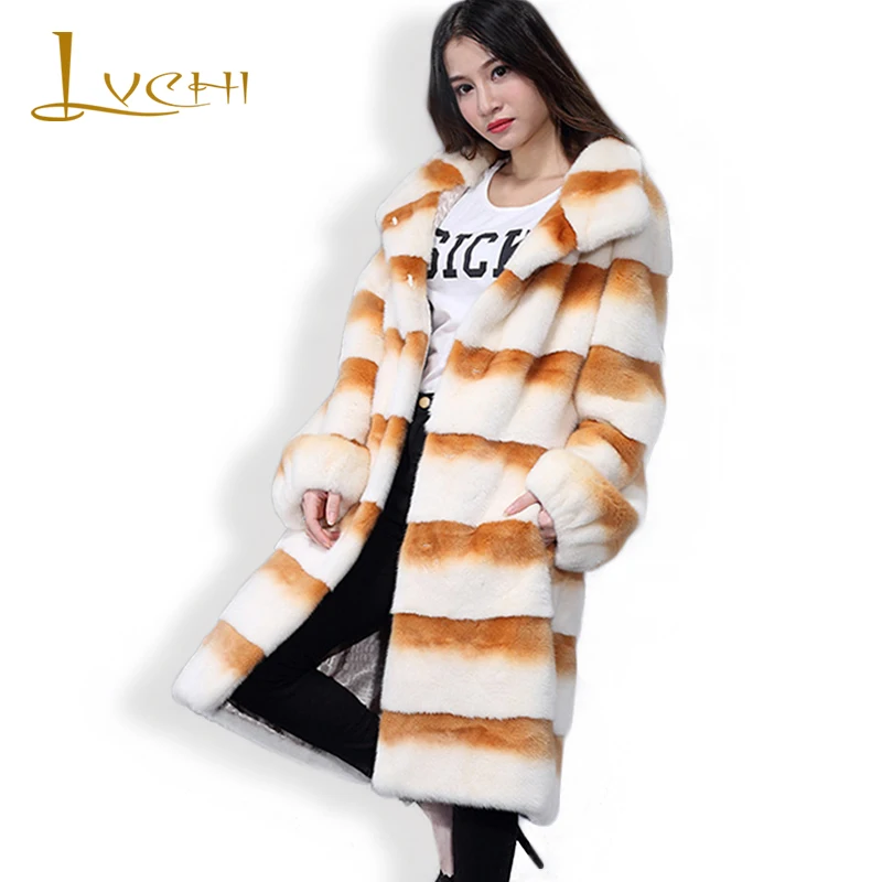 LVCHI 2019 длинные полосатые настоящие меховые норковые пальто Зимняя Толстая теплая