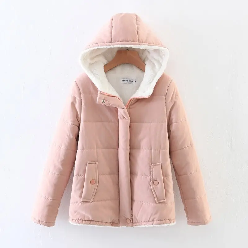 Однотонные утолщенные теплые короткие хлопковые пальто с капюшоном женские в