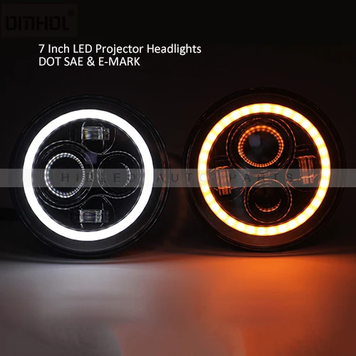 

OMHOL 7 Inch Led Headlight H4 H13 Round Shape 7'' Headlights with Yellow & White Angel Eye for Offroad Jeep Wrangler Lada 4x4
