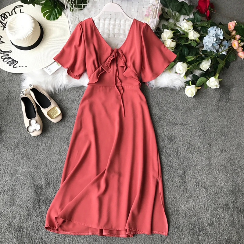 2019 новое летнее платье Для женщин V шеи короткий рукав свободные темперамент Мода