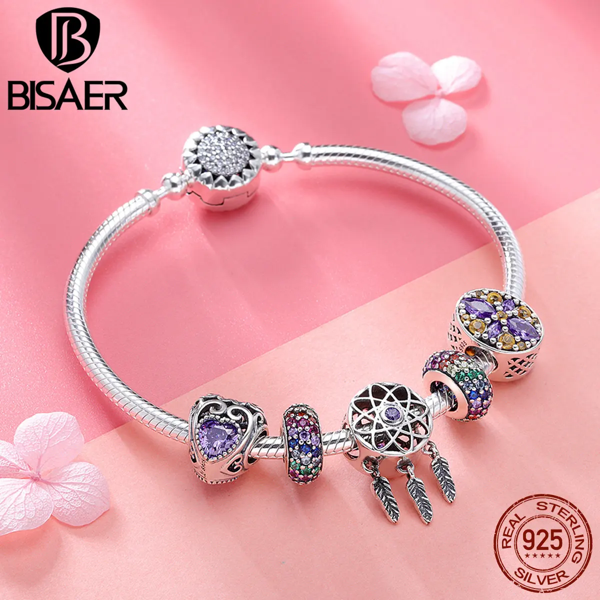 BISAER, 6 шт., 925 пробы, серебряный, Ловец снов, кисточки, Богемия Стиль, бренд, браслет с подвесками для женщин, свадебный подарок, HSB809