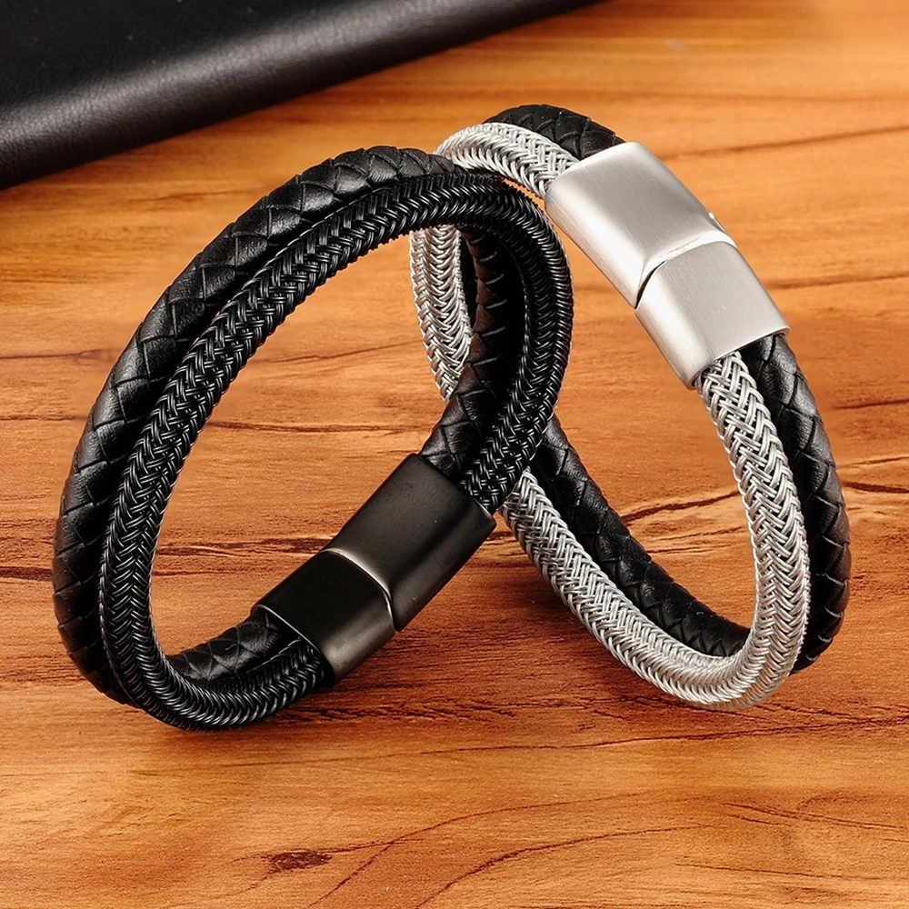 XQNI Classic Style Leather With Stainless Steel Stitching Combination Men's Bracelet Black/Steel Buckle Party Accessories Gift |