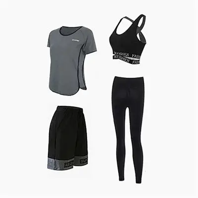 gray shirt 4 pcs Набор для йоги, большой размер, для фитнеса, эластичный, качественный, женский спортивный костюм, куртка на молнии, рубашка, бюстгальтер, штаны, короткие, 5 шт., дышащие, спортивные костюмы - Цвет: gray shirt 4 pcs