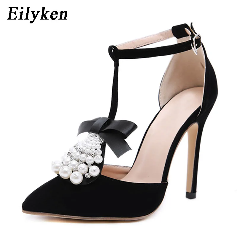 Black Eilyken; пикантные женские летние туфли с острым носком и бантом-бабочкой; женские туфли-лодочки на высоком каблуке с ремешком и пряжкой на лодыжке - Цвет: Black