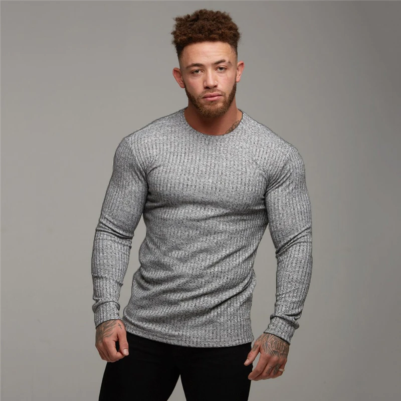 2021 Autumn Fashion Men's T-shirt Sweater O-Neck Slim Fit Knittwear Mens Long Sleeve Pullovers Tshirts Men Fitness Pull Homme