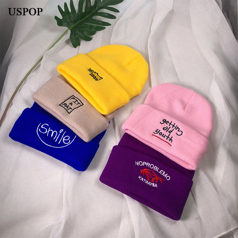 USPOP 2018 новые женские вязаные шапочки с вышитыми буквами skullies зимние повседневные