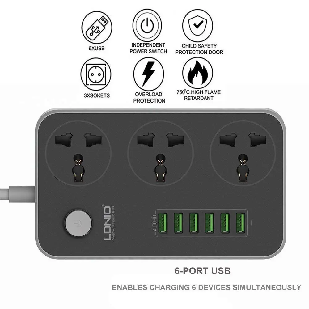 Блок питания LDNIO с 3 розетками и 6 USB портами устройство для быстрой зарядки защита