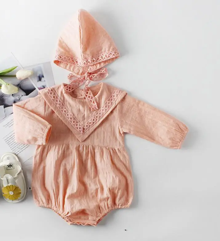Pink Коллекция года, Детский комбинезон для девочек+ шапочка, 2 предмета, Осенний комбинезон для маленьких девочек, хлопковая кружевная одежда принцессы для девочек милая детская одежда - Цвет: Pink