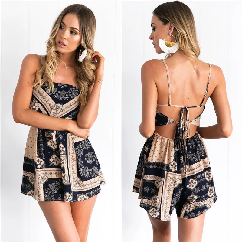 Женский сексуальный Новый Винтажный комбинезон на бретельках Boho с открытой