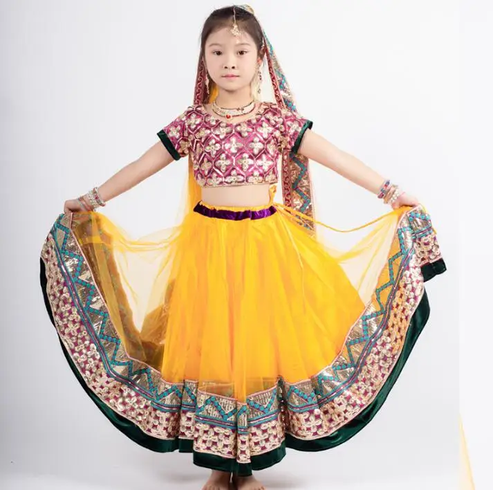 Индийский Sarees традиционный танцевальный костюм для девочек Lehenga Choli с вышивкой