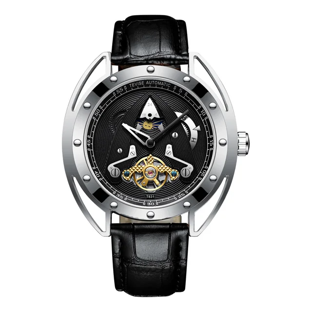 BK SR BK Мужские автоматические механические часы TEVISE Роскошные спортивные Moon phase Tourbillon модные повседневные кожаные новые часы Relogio Masculino - Цвет: BK SR BK