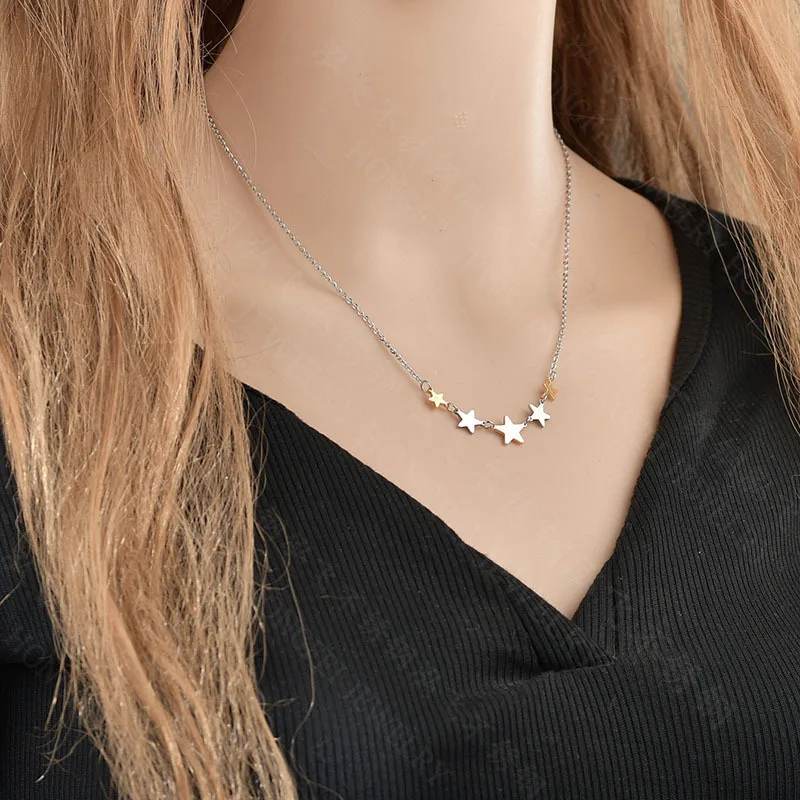 Модный чокер из нержавеющей стали с пятиконечными звездами золотистый розовый