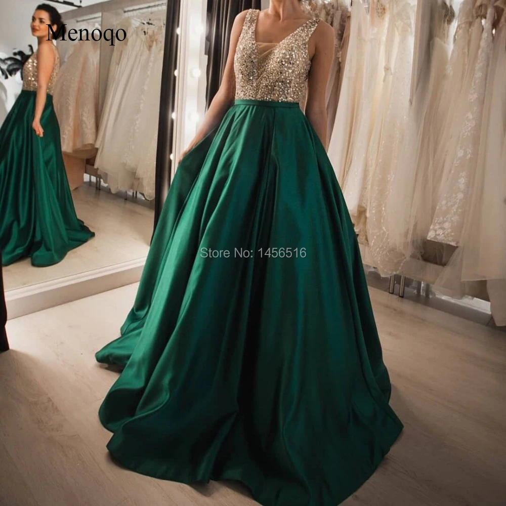 Abendkleider Вечерние платья официальная одежда V образным вырезом атласные vestido de festa Элегантные зеленые Выпускные платья расшитые блестками