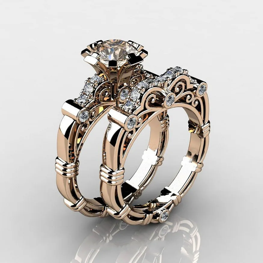 Rose Gold Color Новинка года, женские свадебные кольца с кристаллами, набор модных роскошных серебряных золотых свадебных комплектов, ювелирные изделия, обручальные кольца для влюбленных женщин - Цвет основного камня: Rose Gold Color