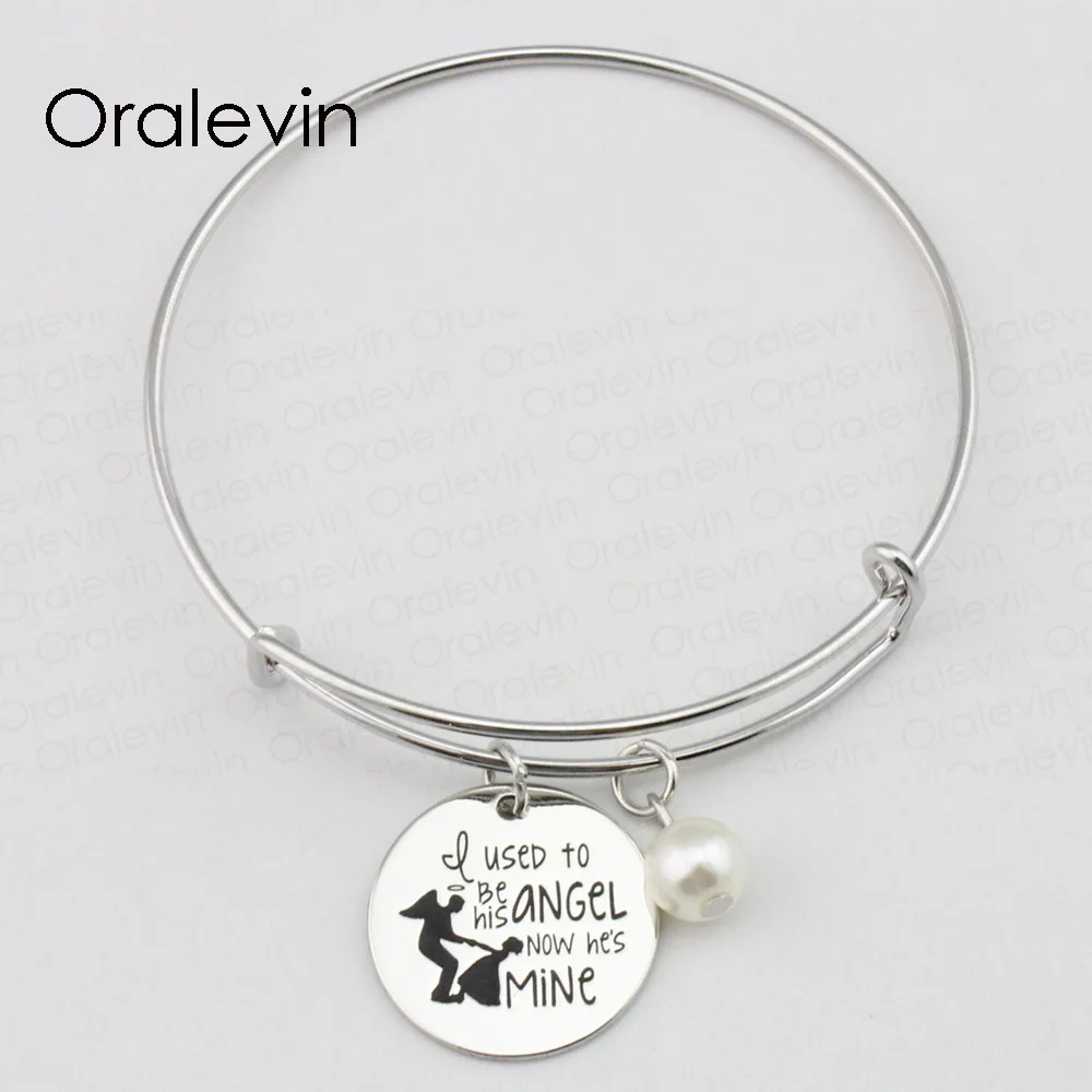 

I USED TO BE HIS ANGEL NOW HE'S MINE Inspired Hand Stamped Engraved Pendant Charm Bracelet Bangle Jewelry,10Pcs/Lot, #LN2367B