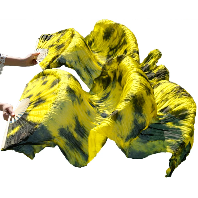 black yellow Tie-Dye Высокие продажи натуральный шелк вуали 1 пара ручной работы для женщин Высокое качество шелк живота танцевальный веер танец Бирюзовый синий фиоле - Цвет: black yellow Tie-Dye