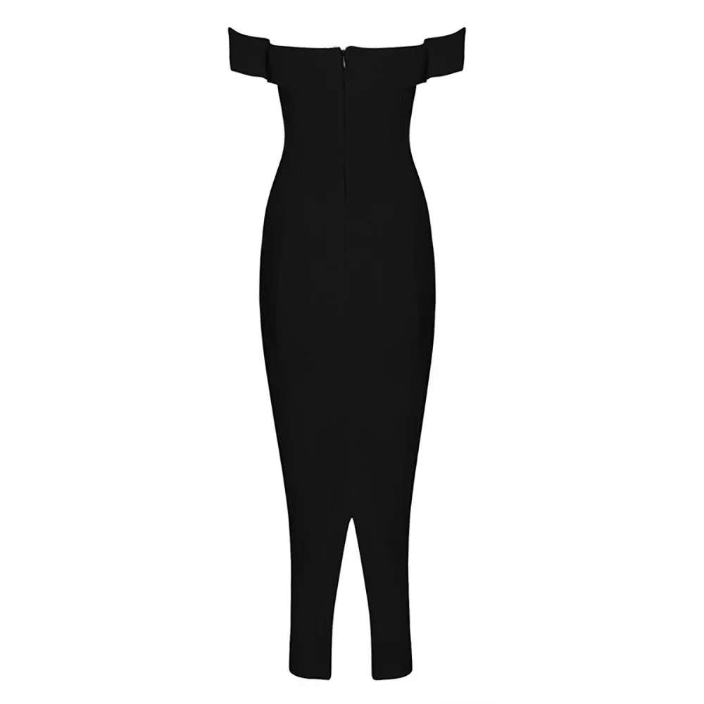 

black open back off shoulder knee length 2018 new arrivals styles rayon bandage dress