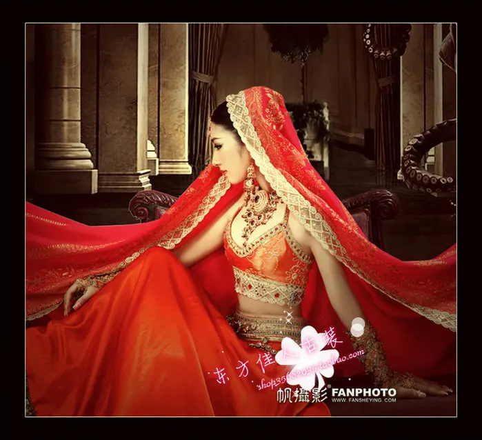 

women's costume sari red yarn sail costume Indian sari or saree costume dance clothing photography