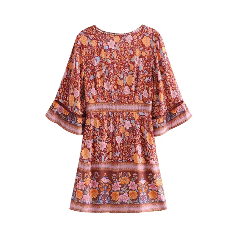 Женское винтажное мини-платье с цветочным принтом Boho Chic Пляжное Платье-кимоно
