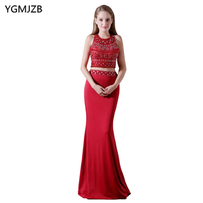 Блестящие Длинные вечерние платья 2018 Русалка с круглым вырезом без рукавов