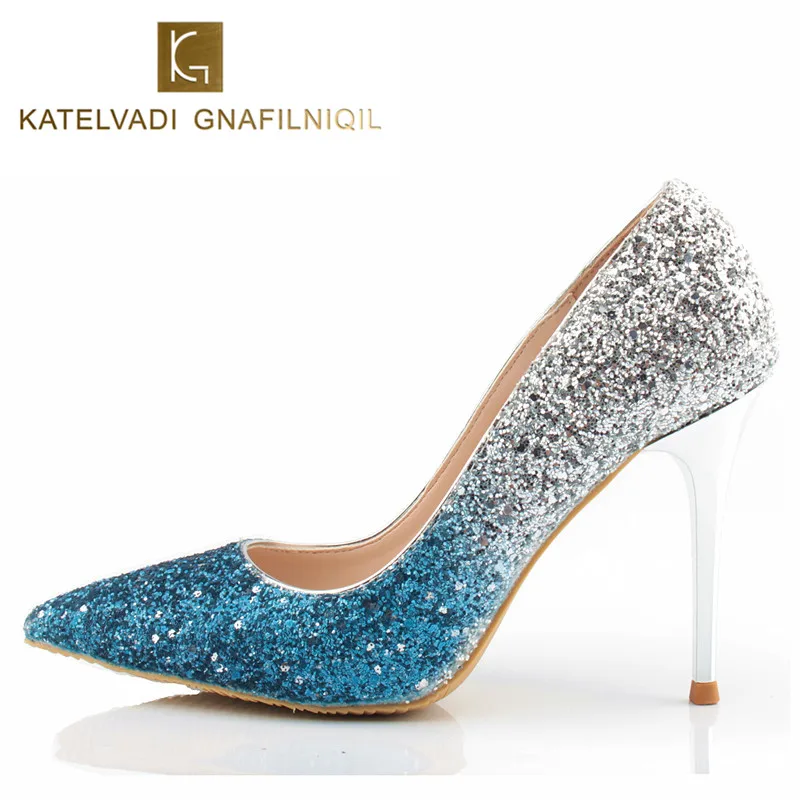 Свадебные туфли женские роскошные вечерние серебристого и синего цвета
