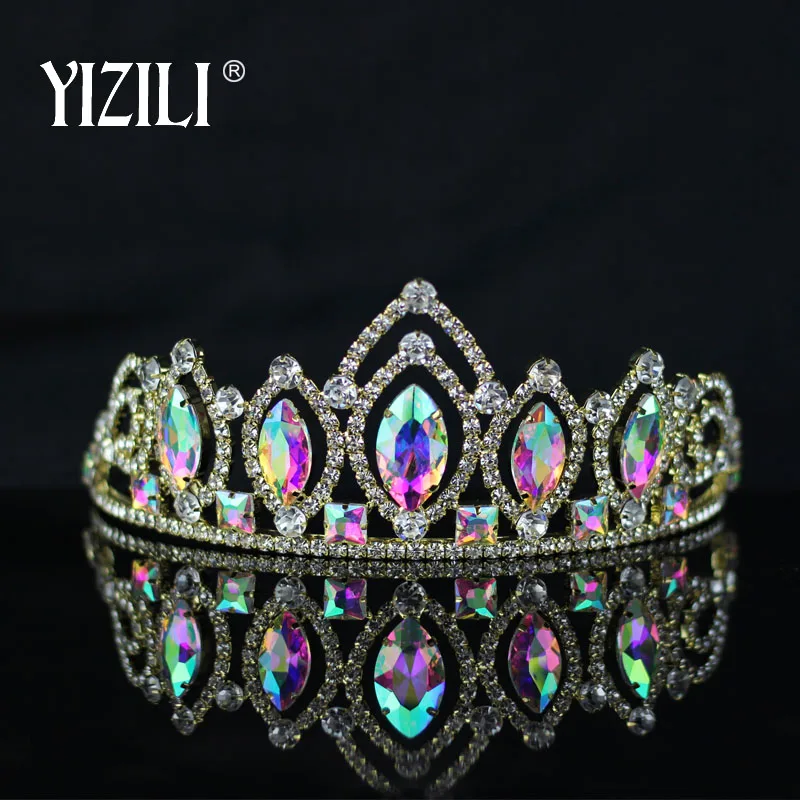 YIZILI новые европейские Роскошные Большие AB кристаллами Свадебные queen Корона круглые золотые Цвет тиары из страз и короны женские аксессуары для волос C040 - Окраска металла: Gold Plated