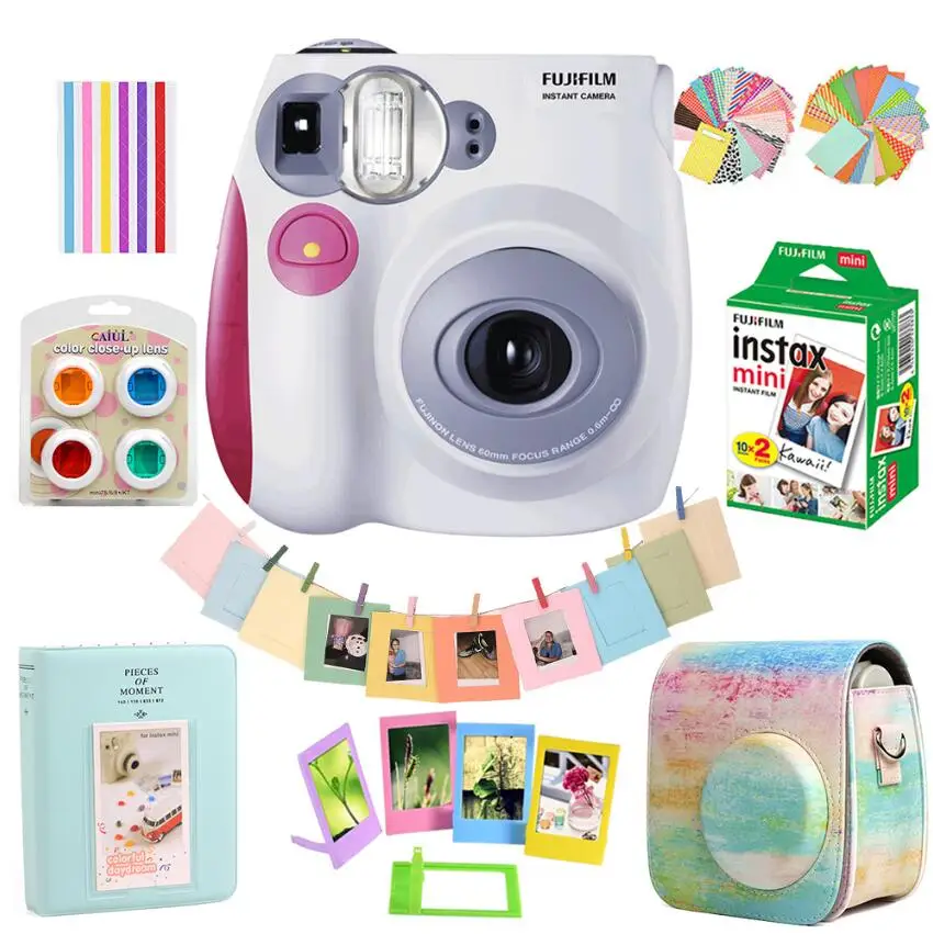 Pink Set Фотокамера моментальной печати Fujifilm Instax Mini 7s+ 20 листов белой пленочной бумаги Instax Mini+ чехол-сумка+ 64 альбом с карманами+ комплекты 10 в 1 - Цвет: Pink Set