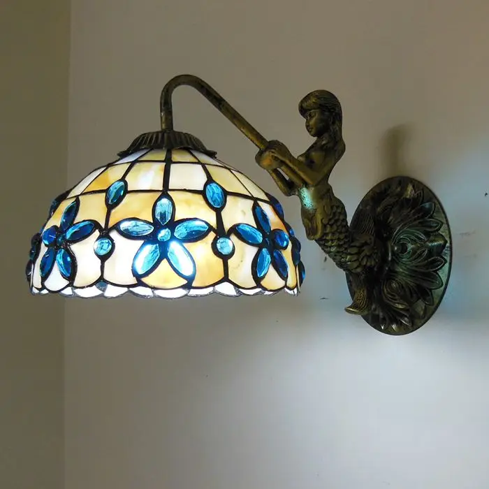 

Mediterranean sea Mermaid wall lamp. blue lilac shell wall sconce makeup lights. mirror light LED bedside bedroom lighting.
