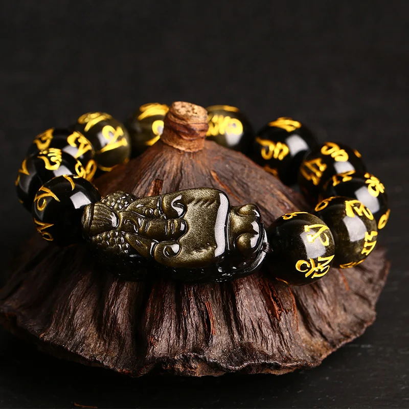 Браслет Pixiu из натуральных камней с золотой головкой буддийские бусы надписью