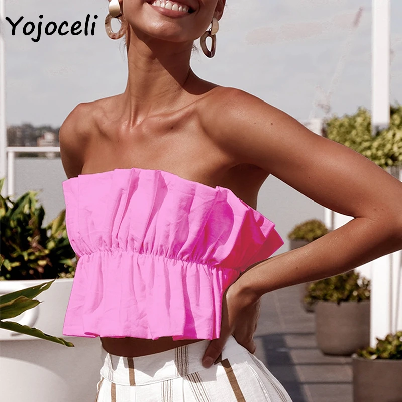 Yojoceli pretty Топы без бретелек блузки с оборками женские пляжные блузы в стиле бохо
