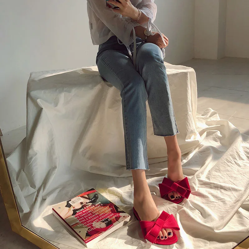 Шлёпанцы из натурального шелка с бантиком Женские модные брендовые дизайнерские