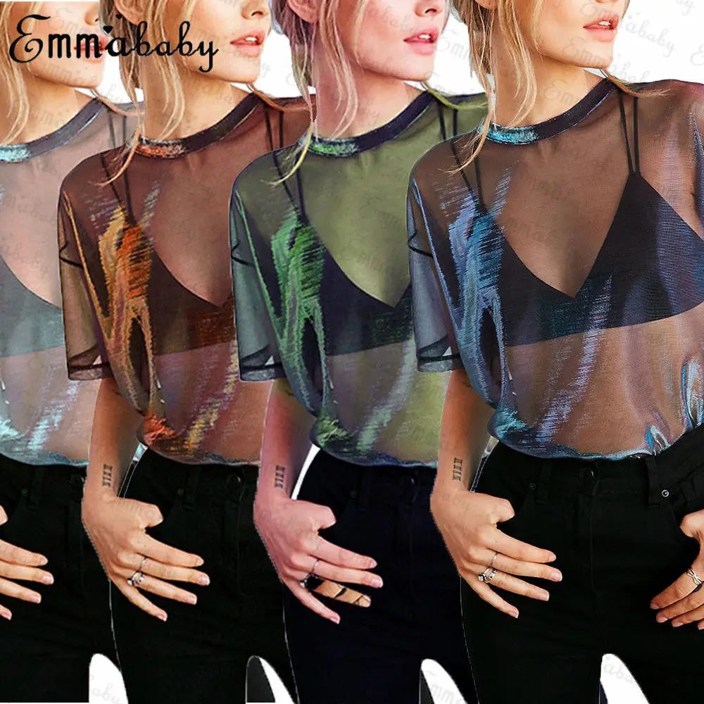 2019 женские модные прозрачные блестящие футболки с коротким рукавом в