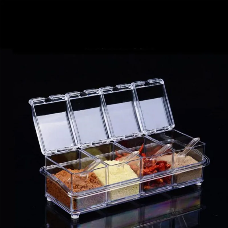 H528 Transparent Домашний 4 сетки кухонные принадлежности прозрачные пластмассовые для приправ коробки четыре в одном с ложкой набор трав и специй H528 - Цвет: H528 Transparent